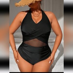 Plus Size Tropical Print Ruched Halter One Piece Swimsuit